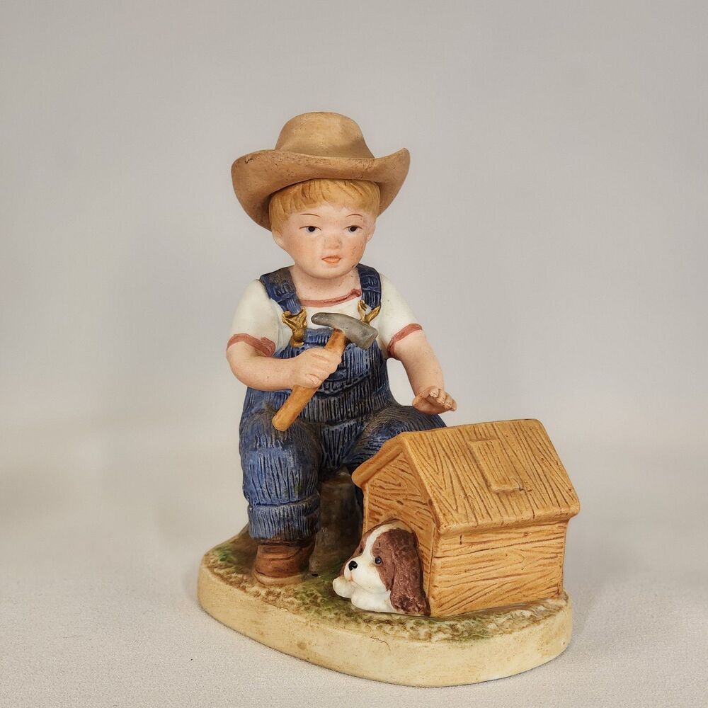 Homco Denim Days #1503" Puppy Love " 1985 Home Interiors Boy Doghouse